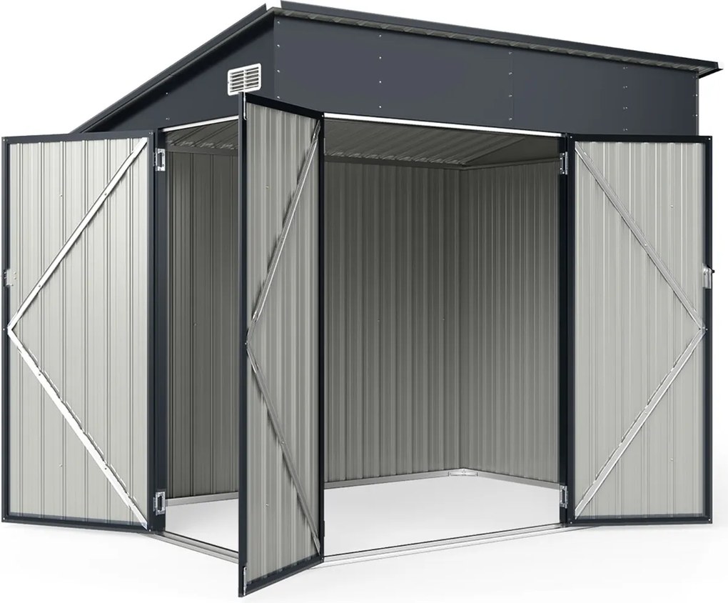 Abrigo de jardim 235 x 174 x 197 cm com 3 portas, fechadura e telhado inclinado em aço galvanizado para ferramentas e bicicletas, cinza escuro
