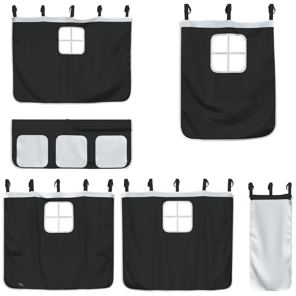 Cama alta criança c/ cortina 90x200cm pinho maciço branco/preto