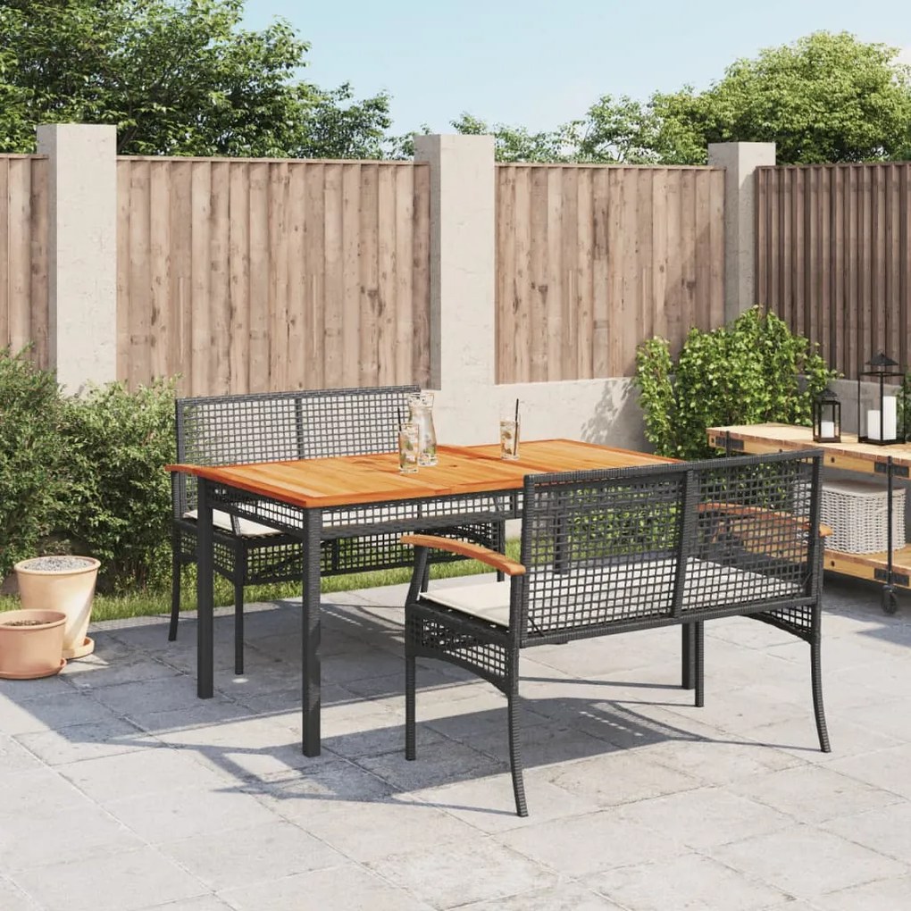 vidaXL 3 pcs conjunto de jantar p/ jardim c/ almofadões vime PE preto
