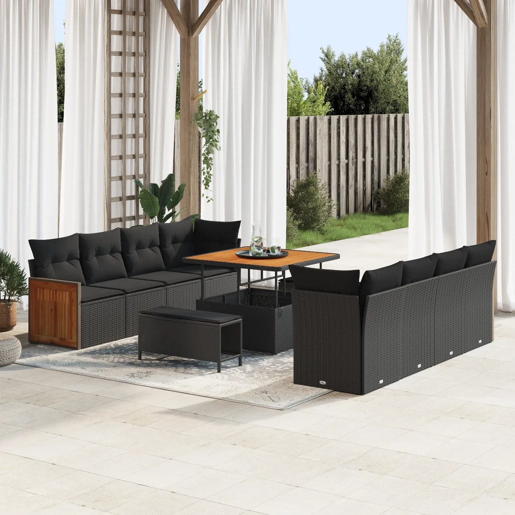 Conjunto de Sofá de Jardim vidaXL com 11 Peças e Almofadas Preto Vime