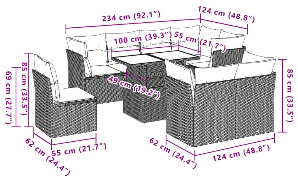 9 pcs conj. sofás jardim com almofadões vime PE cinzento-claro