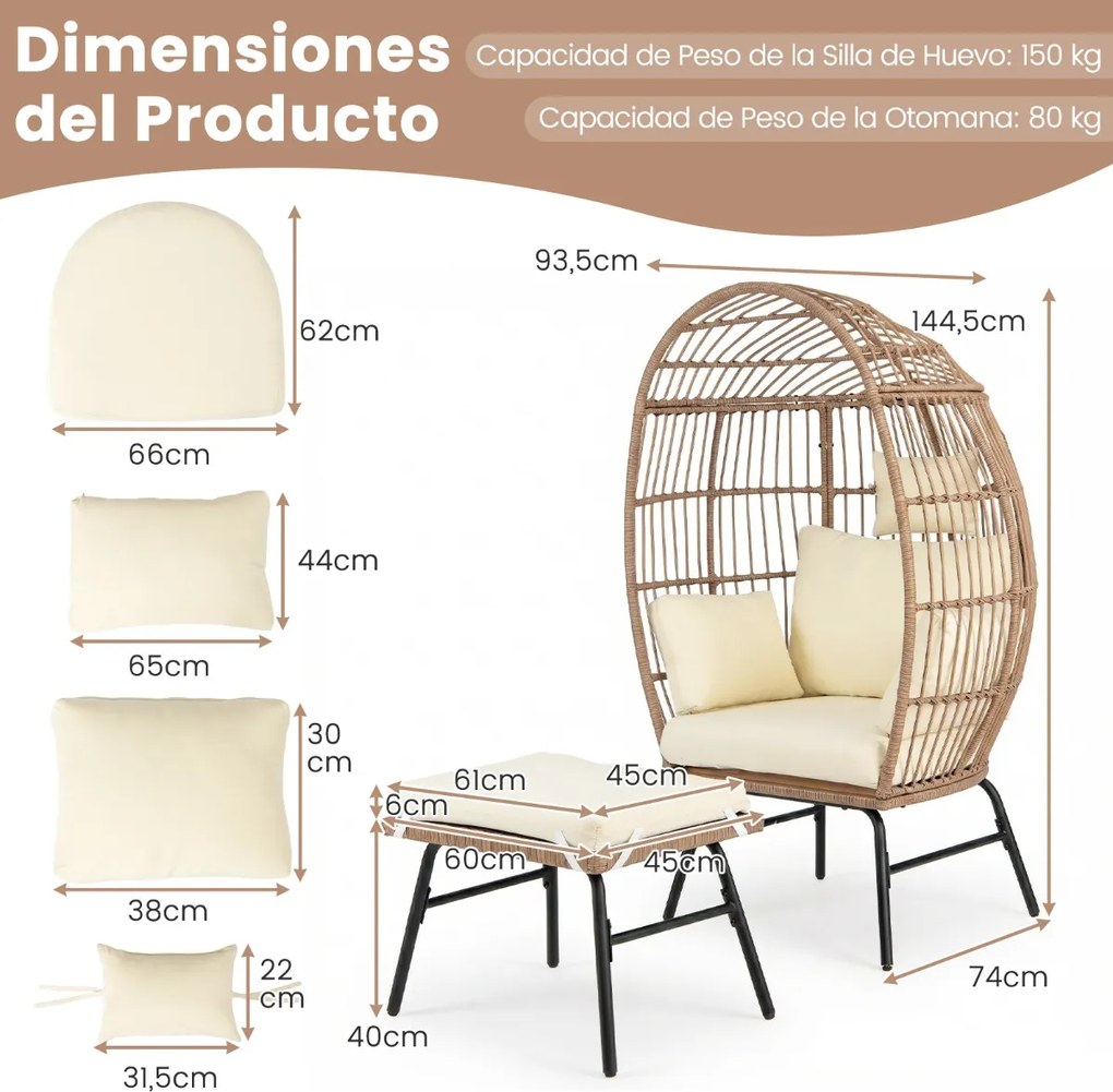 Cadeira Ovo Jardim em Rattan PE com pufe para Apoio para os pés Extragrande Castanho Misto