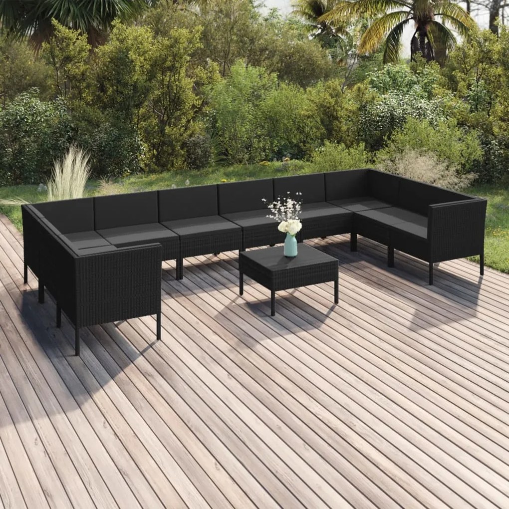 vidaXL 11 pcs conjunto lounge de jardim c/ almofadões vime PE preto