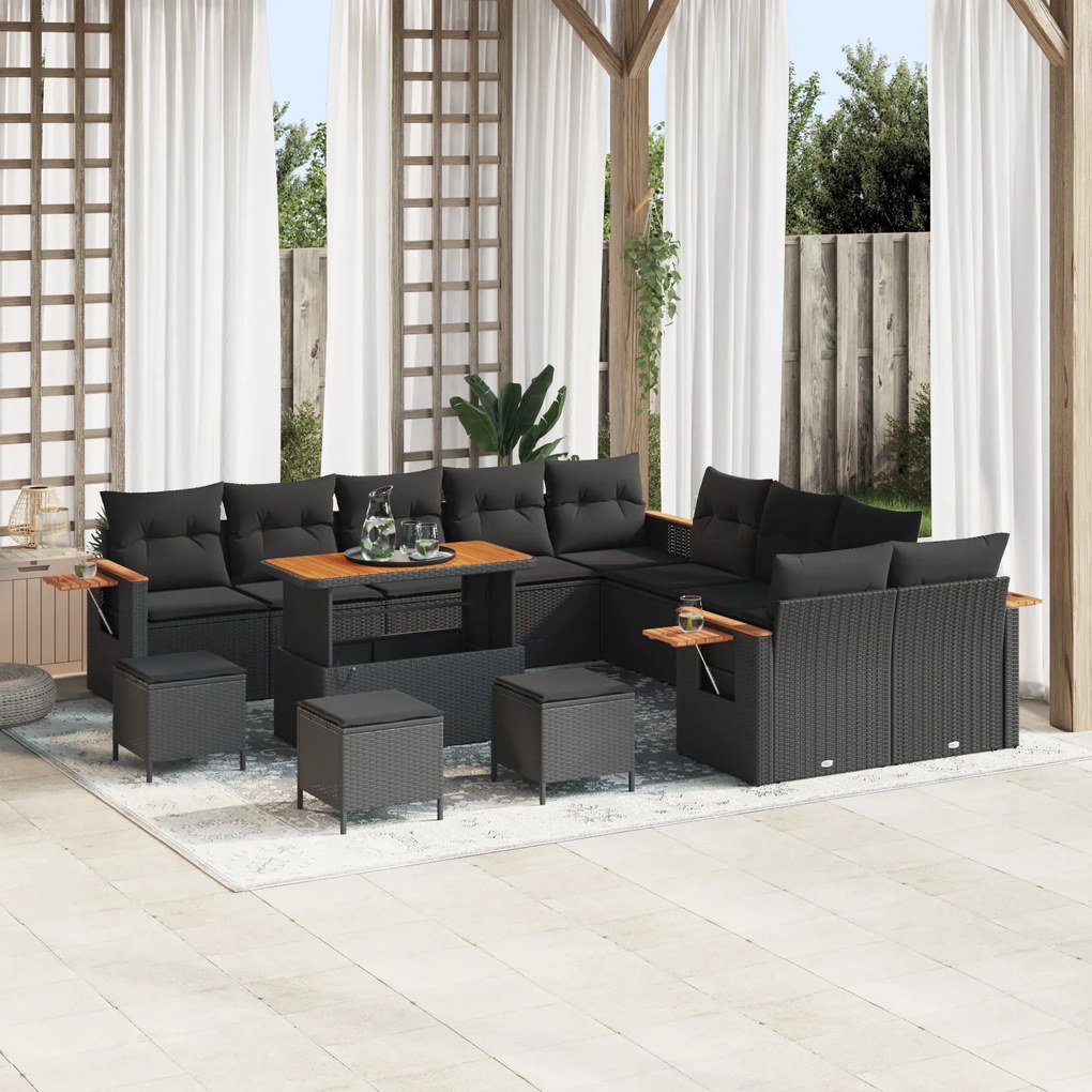 Conjunto de Sofá de Jardim de 14 Peças com Almofadas Preto Polirattan Acácia