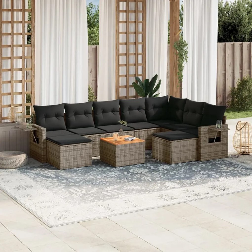 10 pcs conjunto sofás de jardim c/ almofadões vime PE cinzento