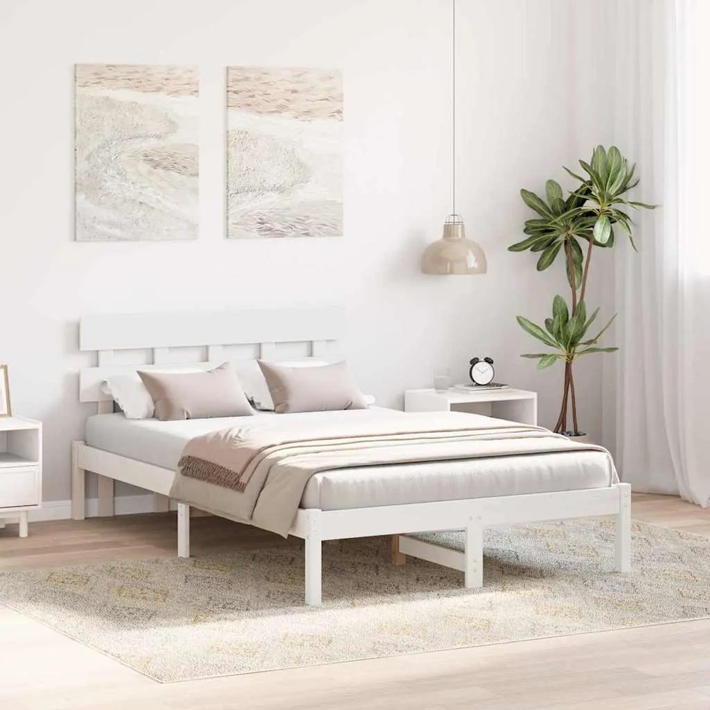Estrado de Cama com Cabeceira Branco 120x190 cm Madeira Maciça de Pinh