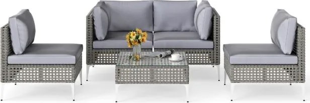 Conjunto de jardim de 5 peças em rattan com mesa de centro em vidro temperado Almofadas para assento e encosto cinza
