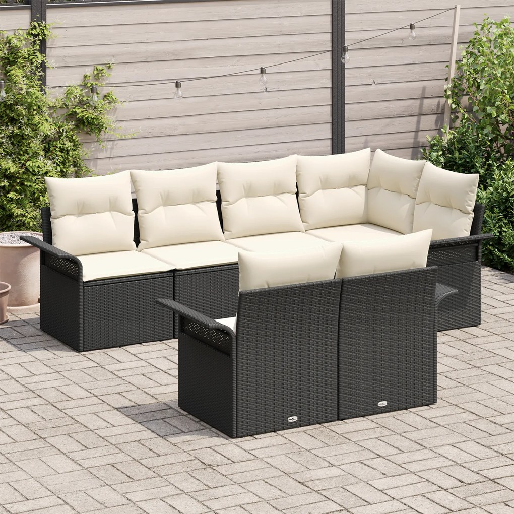 Conjunto de Sofá de Jardim vidaXL de 7 Peças com Almofadas Preto Vime