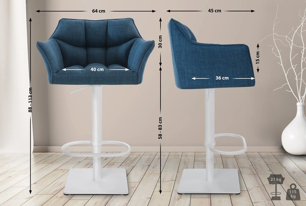 Banco de bar Damaso em tecido e com estrutura branca 64 x 88-113 x 45 cm Azul