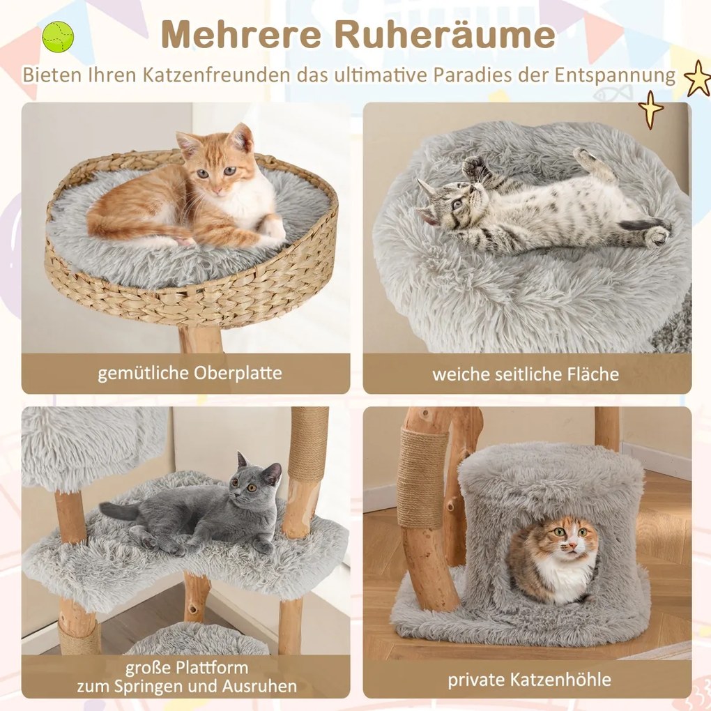 Arranhador Gatos de 124 cm de altura feito de madeira com caverna para gatos, superfície de assento em pelúcia cinzento