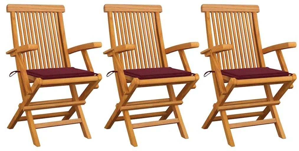 vidaXL Cadeiras jardim c/ almofadões vermelho tinto 3 pcs teca maciça