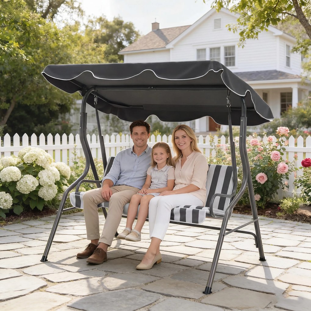 Baloiço de jardim de 3 lugares com cobertura impermeável, inclinação ajustável e almofadas de assento e encosto em cinzento e branco às riscas