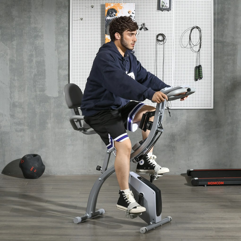 Bicicleta estática dobrável, 8 níveis de resistência magnética, encosto e selim ajustáveis, punhos ergonómicos, preto e cinzento