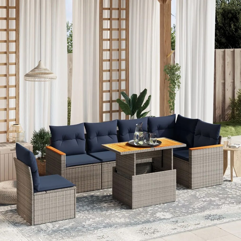 vidaXL 7 pcs conjunto sofás p/ jardim c/ almofadões vime PE cinzento