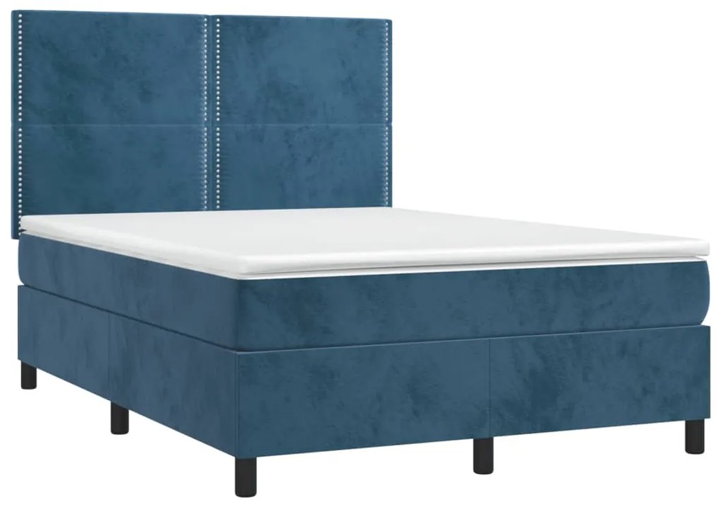 Cama box spring c/ colchão/LED 140x200 cm veludo azul-escuro