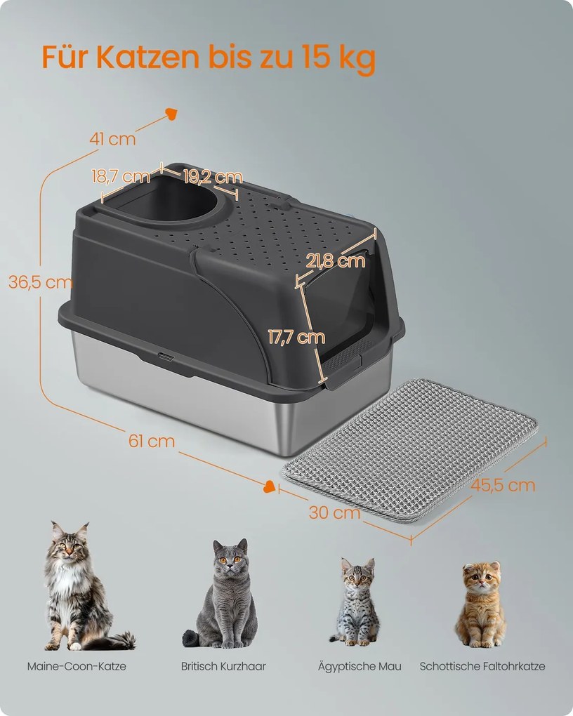 Caixa de areia em aço inoxidável com pá e escova para gatos grandes 61 x 41 x 36,5 cm Preto