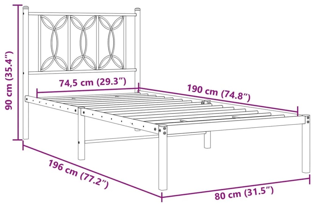 Estrutura de cama com cabeceira 75x190 cm metal branco