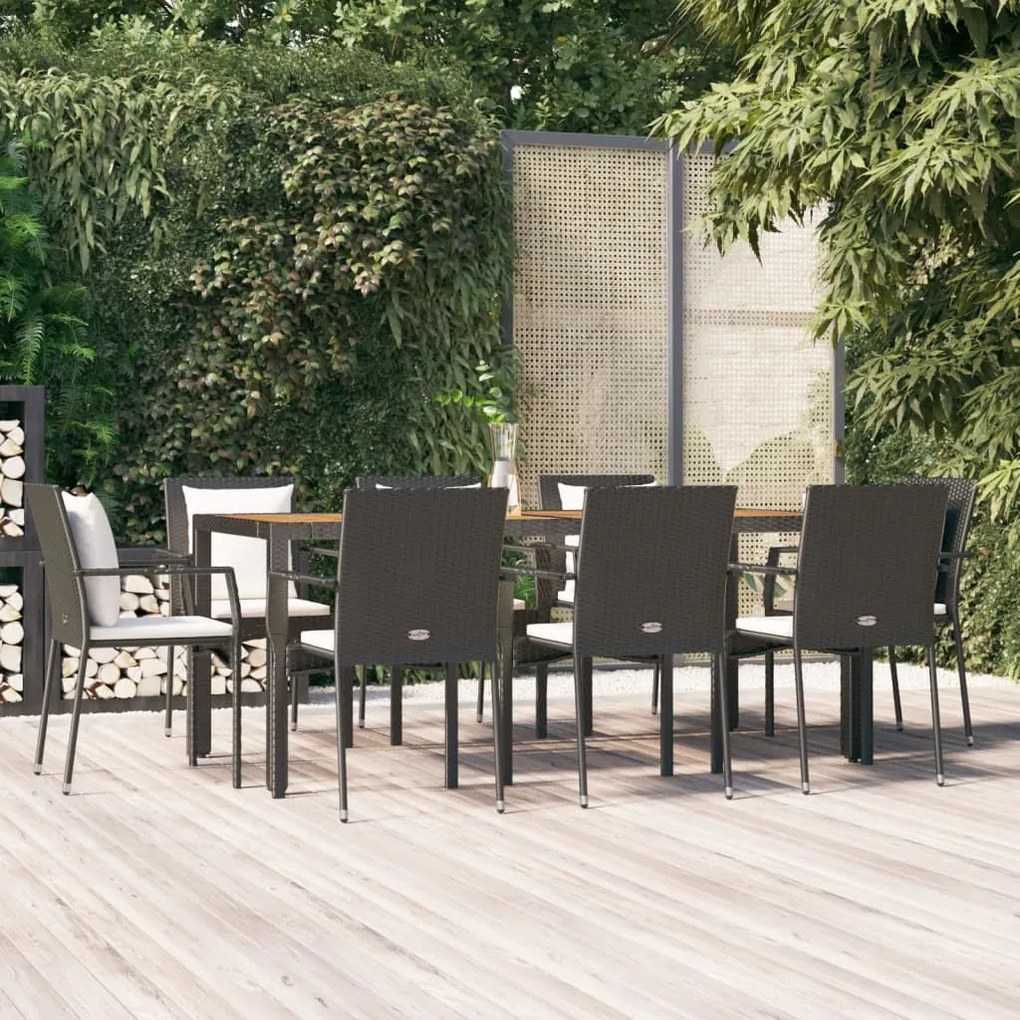 vidaXL 9 pcs conjunto de jantar p/ jardim c/ almofadões vime PE preto