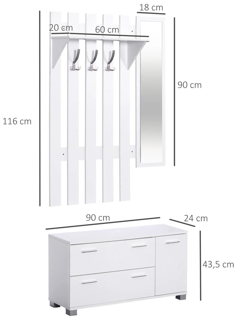 Móvel Cabide de Entrada com Espelho Ganchos e Sapateira Móvel de Entrada com 3 Ganchos Prateleira e 2 Gavetas Branco