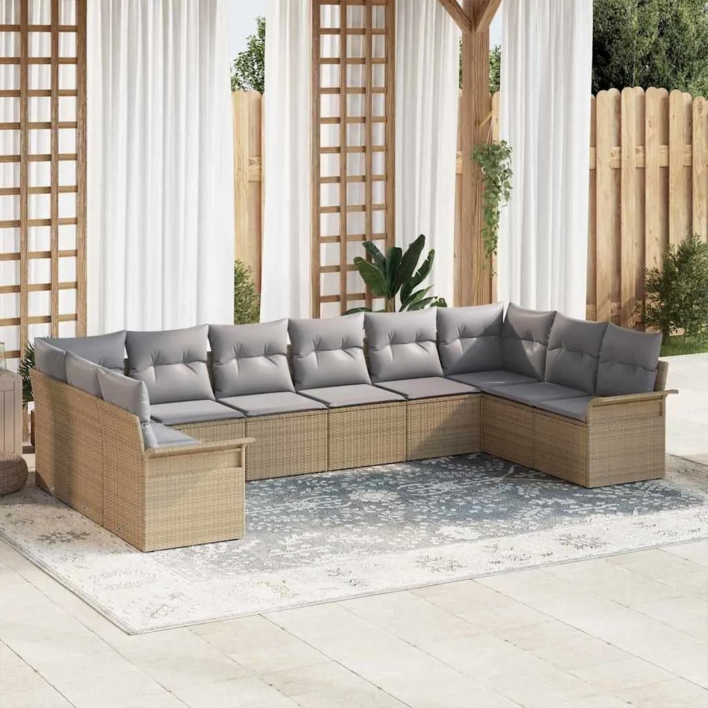 vidaXL Conjunto de sofá de jardim de 10 peças com almofadas bege em rattan sintético