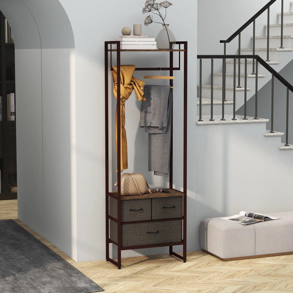 Suporte para Cabides com 3 Gavetas de Tecido Barra para Pendurar e Prateleira para Entrada Quarto 58,5x30x178 cm Castanho Rústico