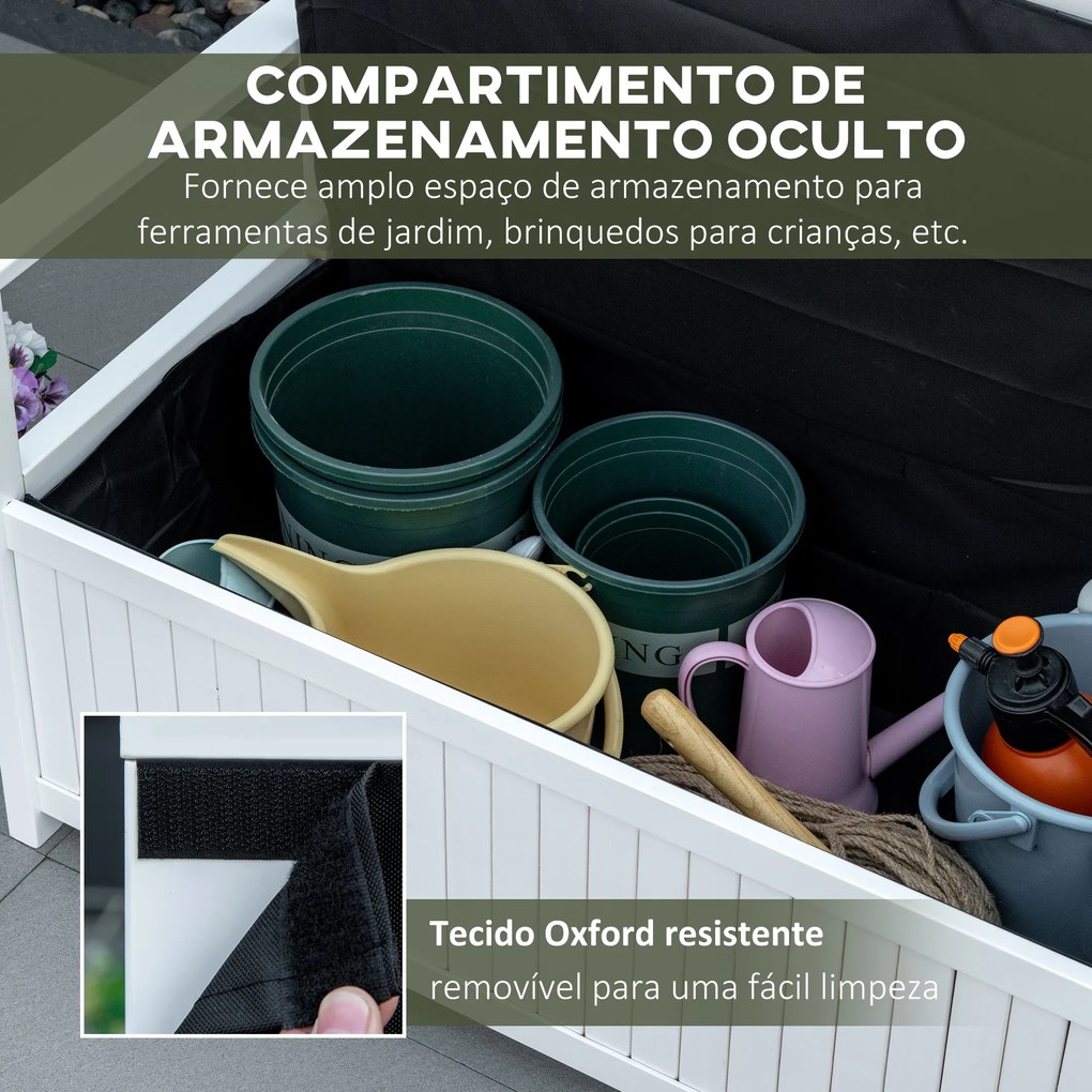 Outsunny Banco de Madeira Exterior de 2 Lugares com Espaço de Armazenamento e Tecido Oxford Banco Baú de Jardim Terraço com Apoio para os Braços Carga 250kg 125x68,5x97 Branco