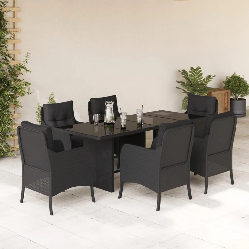 vidaXL 7 pcs conjunto de jantar p/ jardim c/ almofadões vime PE preto