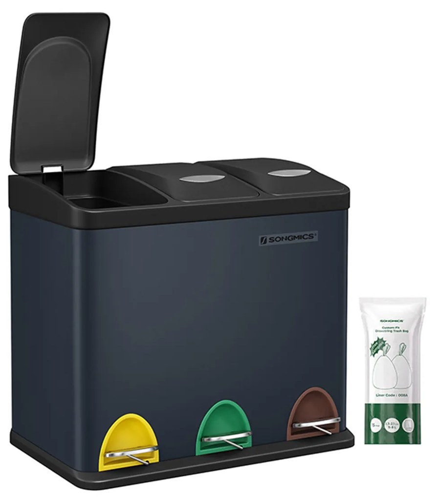 Lixeira de 3 compartimentos com pedal e separação de resíduos. | SONGMICS | 46,5 x 29,5 x 65 cm | cinza | LTB24GS.