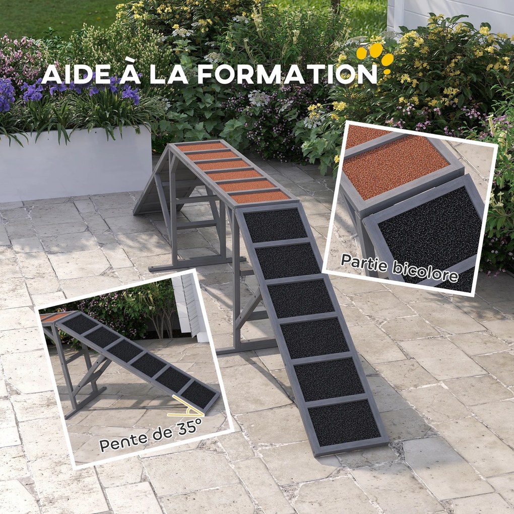 Rampa de agilidade para cães 335x55x60 cm, equipamento de agilidade para cães, barras de segurança com superfície antiderrapante cinzento