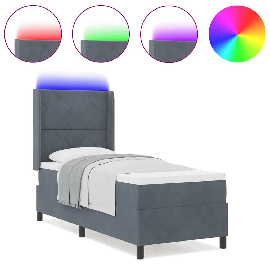 Cama Box com Colchão e LED vidaXL Cinza Escuro 80x200 cm Veludo