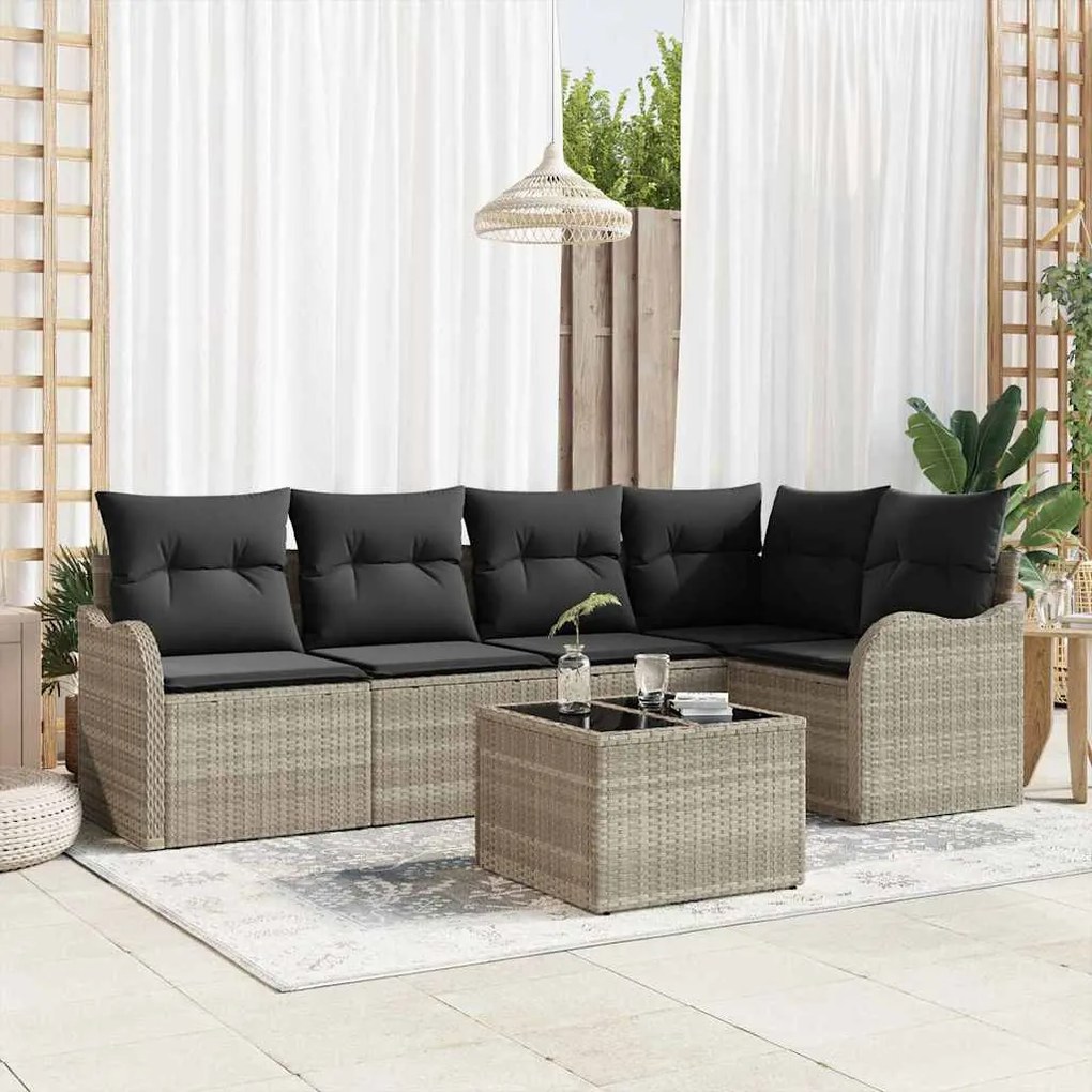 Sofá de Jardim 6 Peças com Almofadas de Rattan Poli Cinza.