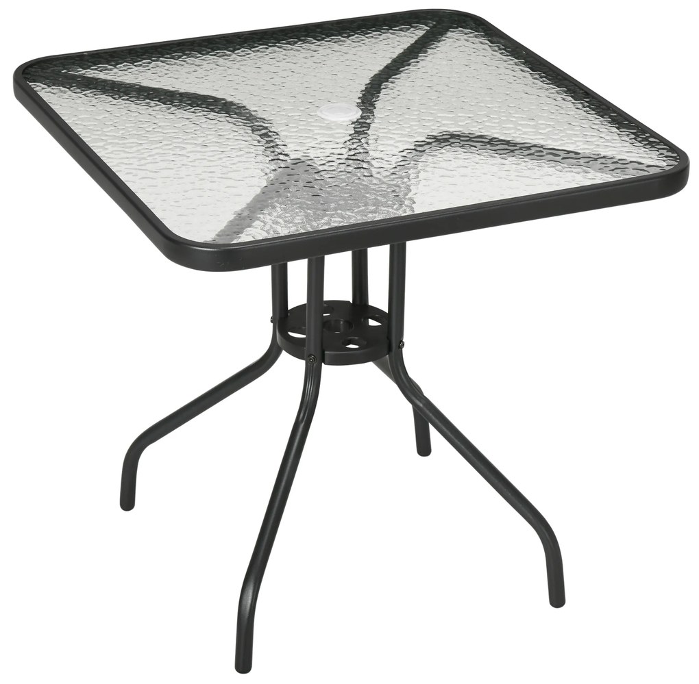 Outsunny Mesa de Jardim Quadrada 76x76x72 cm com Orifício para Chapéu de Sol e Tampo de Vidro Temperado para Pátio Terraço Preto