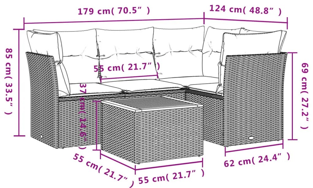 5 pcs conjunto de sofás p/ jardim com almofadões vime PE bege