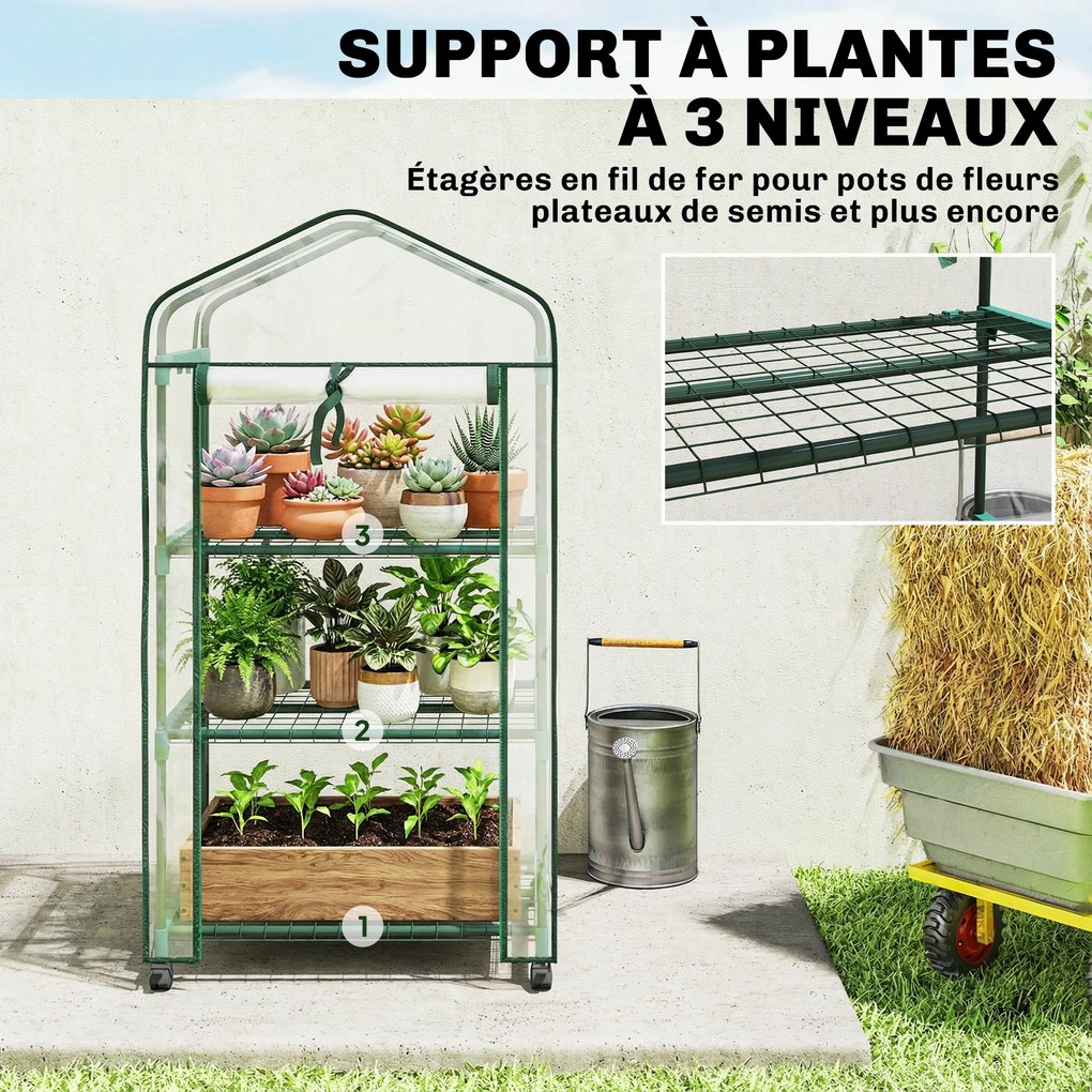 Mini estufa de jardim com 3 prateleiras 69 x 49 x 130 cm, lona de PVC de alta densidade, porta enrolável e 4 Rodas, transparente