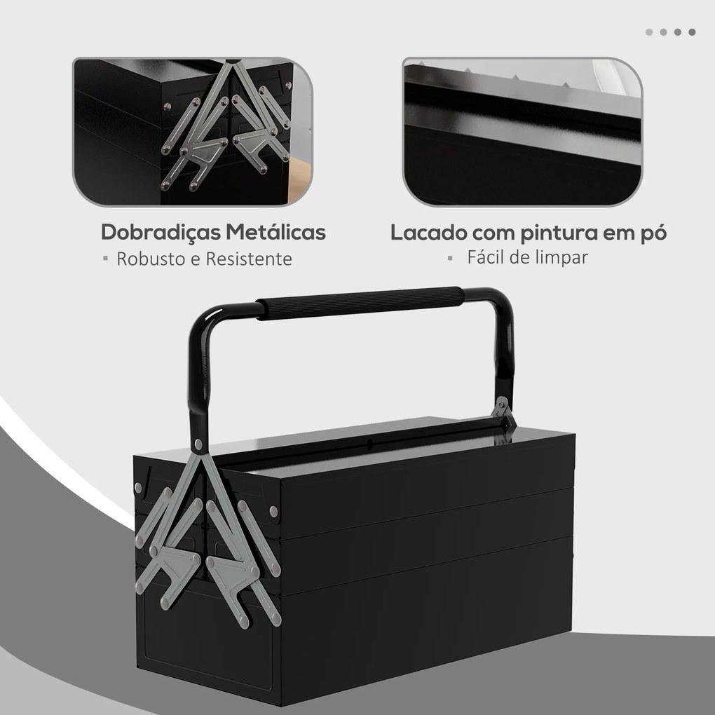 Caixa de Ferramentas de Aço Dobrável com 5 Compartimentos Mala de Ferramentas com Pega para Oficina e Casa 45x20x34,5 cm Preto