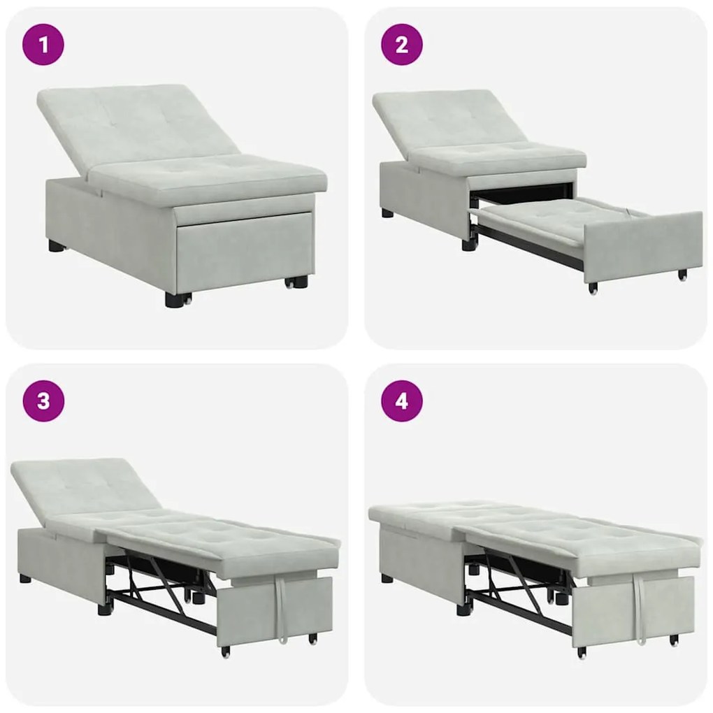 Sofá Cama Design Retrátil 3 em 1 Cinza Claro Veludo