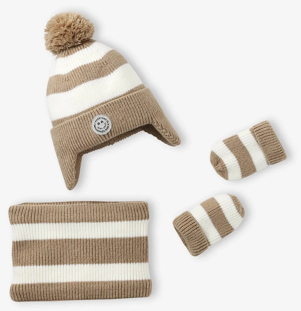 Conjunto gorro peruano, gola snood e luvas às riscas, para bebé  riscas bege