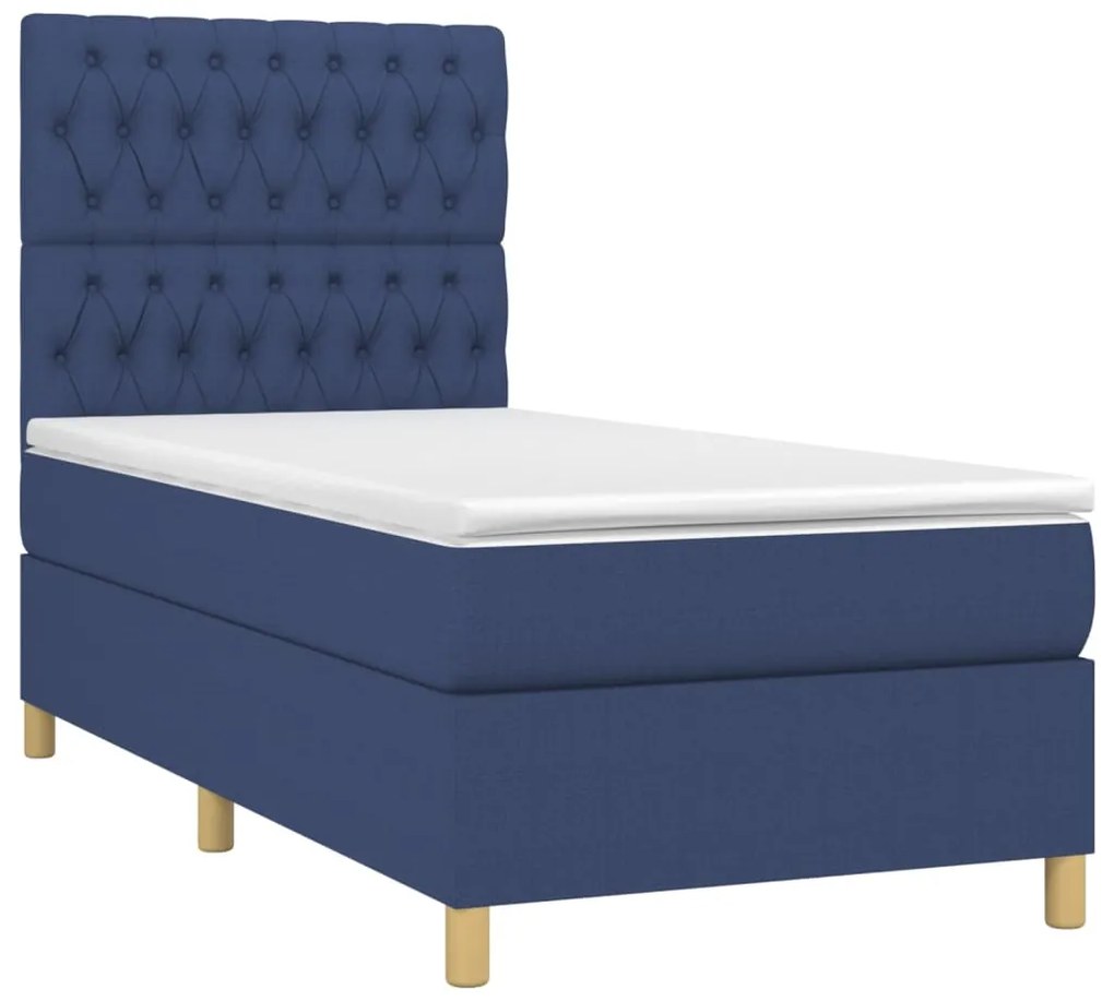 Cama box spring c/ colchão e LED 100x200 cm tecido azul