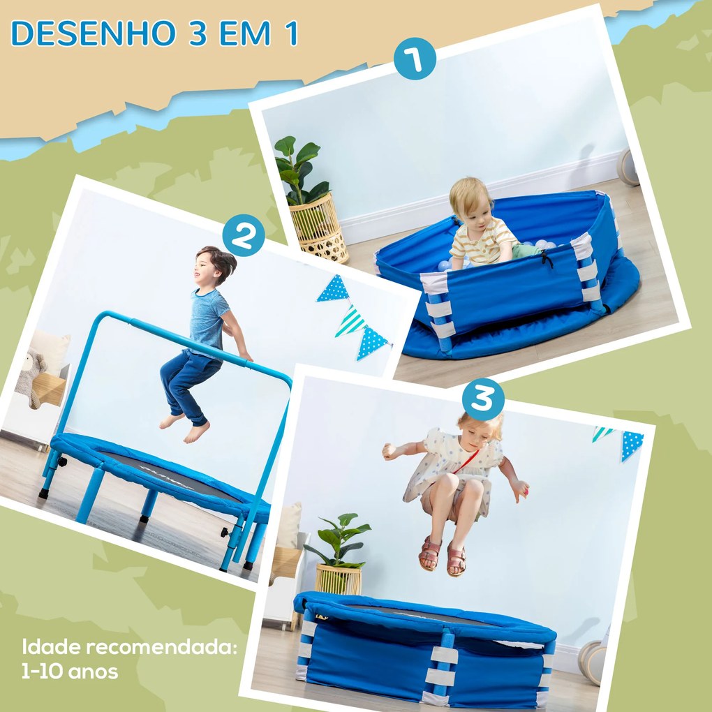 ZONEKIZ Trampolim Infantil 3 em 1 Trampolim para Crianças de 1-6 Anos com Corrimão Amovível Mini Trampolim para Interior Ø96x74cm Azul