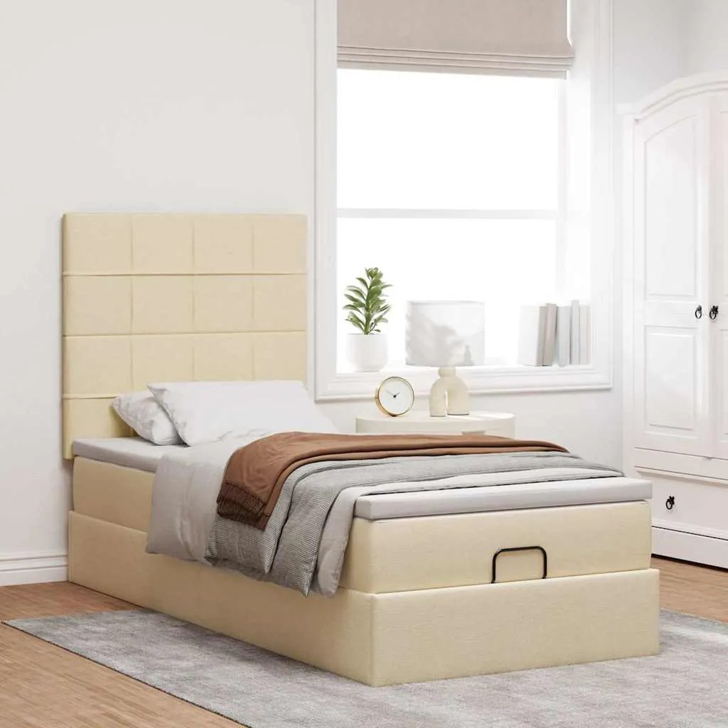 Cama otomana com colchão 100x200 cm tecido creme