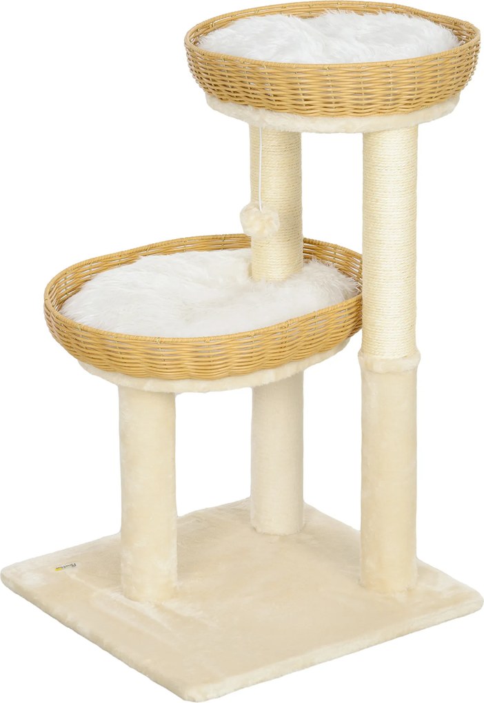 Arranhador para gatos com 75,5 cm de altura, com duas camas para gatos em rattan, arranhadores e almofadas laváveis em bege