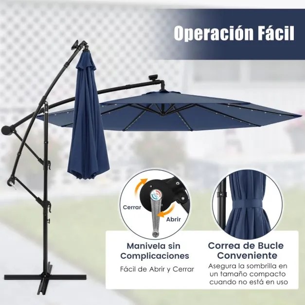 Guarda-sol Solar 3M com 40 Lâmpadas Painel Solar Ajuste de Inclinação com Base Cruzada (SEM PESOS) Iluminado Azul marinho