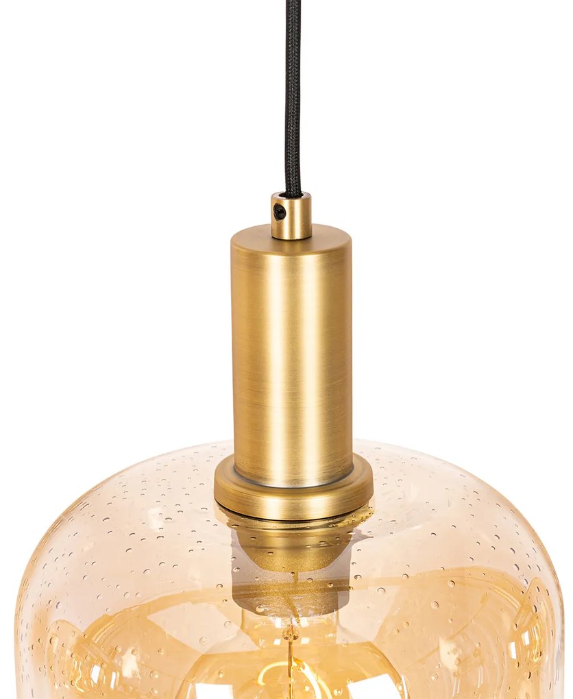 Candeeiro suspenso inteligente preto com latão e vidro âmbar 4 luzes incluindo 4 Wifi G95 - Zuzanna