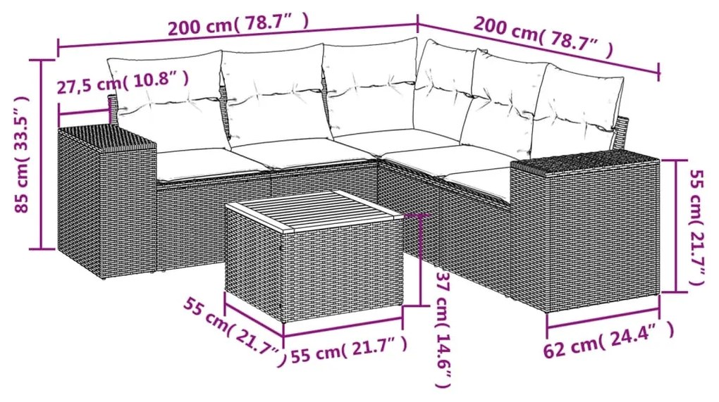 6 pcs conjunto sofás de jardim com almofadões vime cinzento
