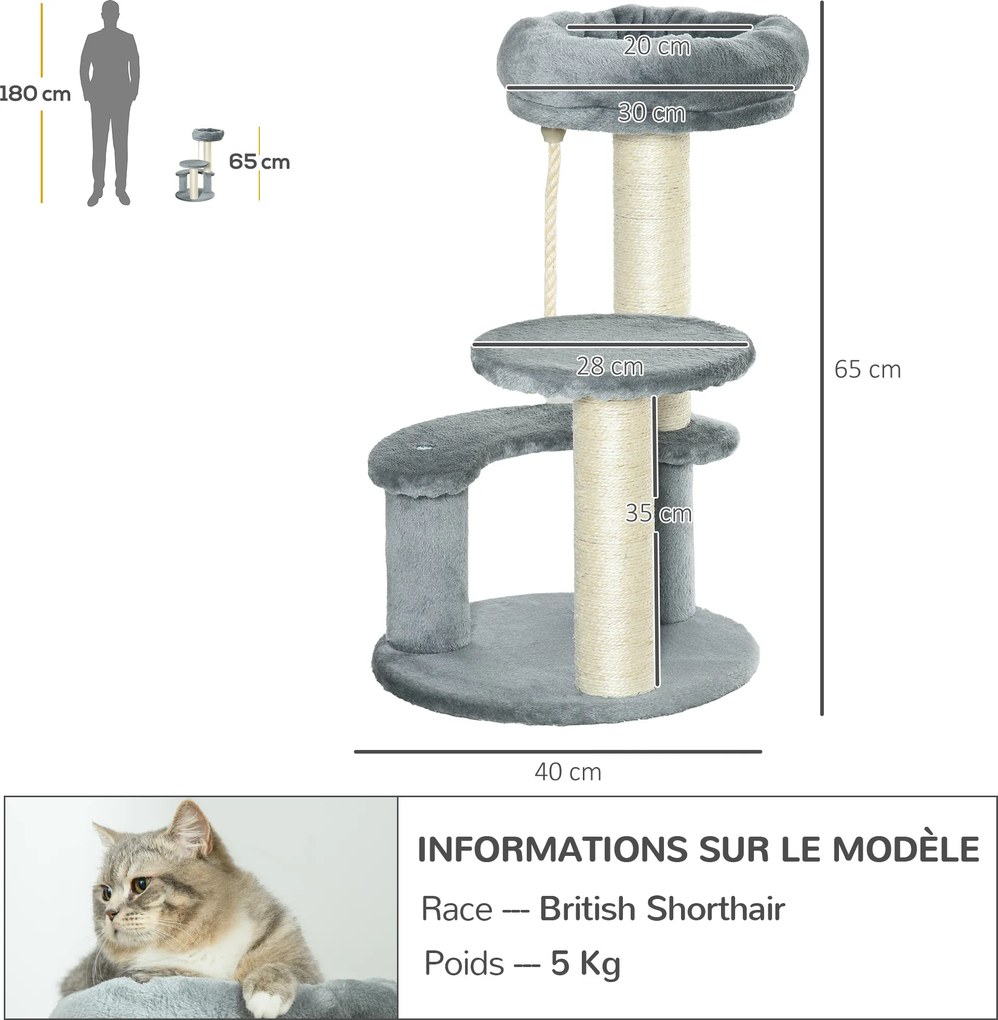 Arranhador para gatos com 2 arranhadores de sisal natural, 3 plataformas e corda para trepar; dimensões: Ø 40 x 65 cm (altura); pelúcia de alta densid
