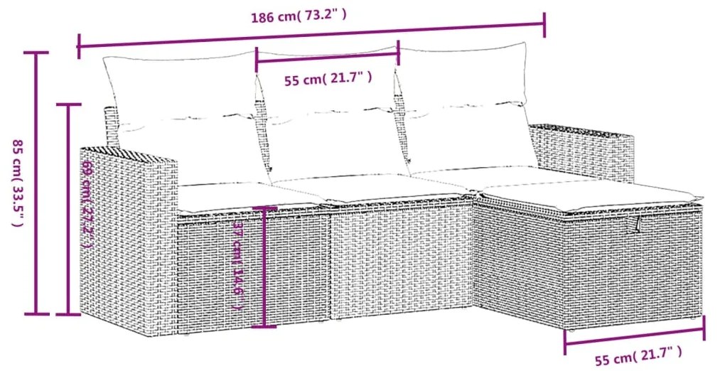 4 pcs conjunto de sofás para jardim c/ almofadões vime PE preto