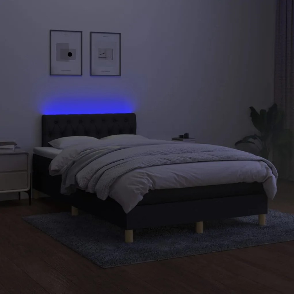 Cama box spring c/ colchão e LED 120x200 cm tecido preto