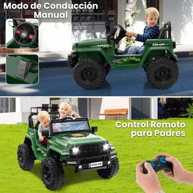 Carro Elétrico para Crianças de 2 Lugares com Bateria 24V com Controlo Remoto Bluetooth Música Luzes LED Verde