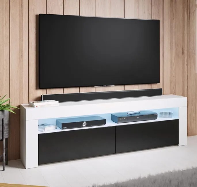 Móvel de TV Alays – 140x35x50,5 cm – Branco Brilhante e Preto – LED RG