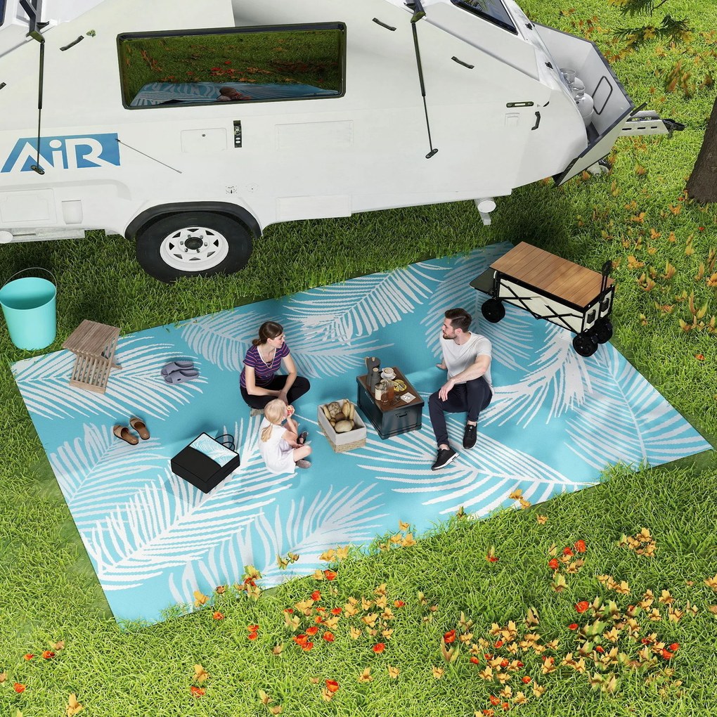 Tapete de exterior reversível 274 x 182 cm, tapete em PP resistente às intempéries, saco de transporte, azul